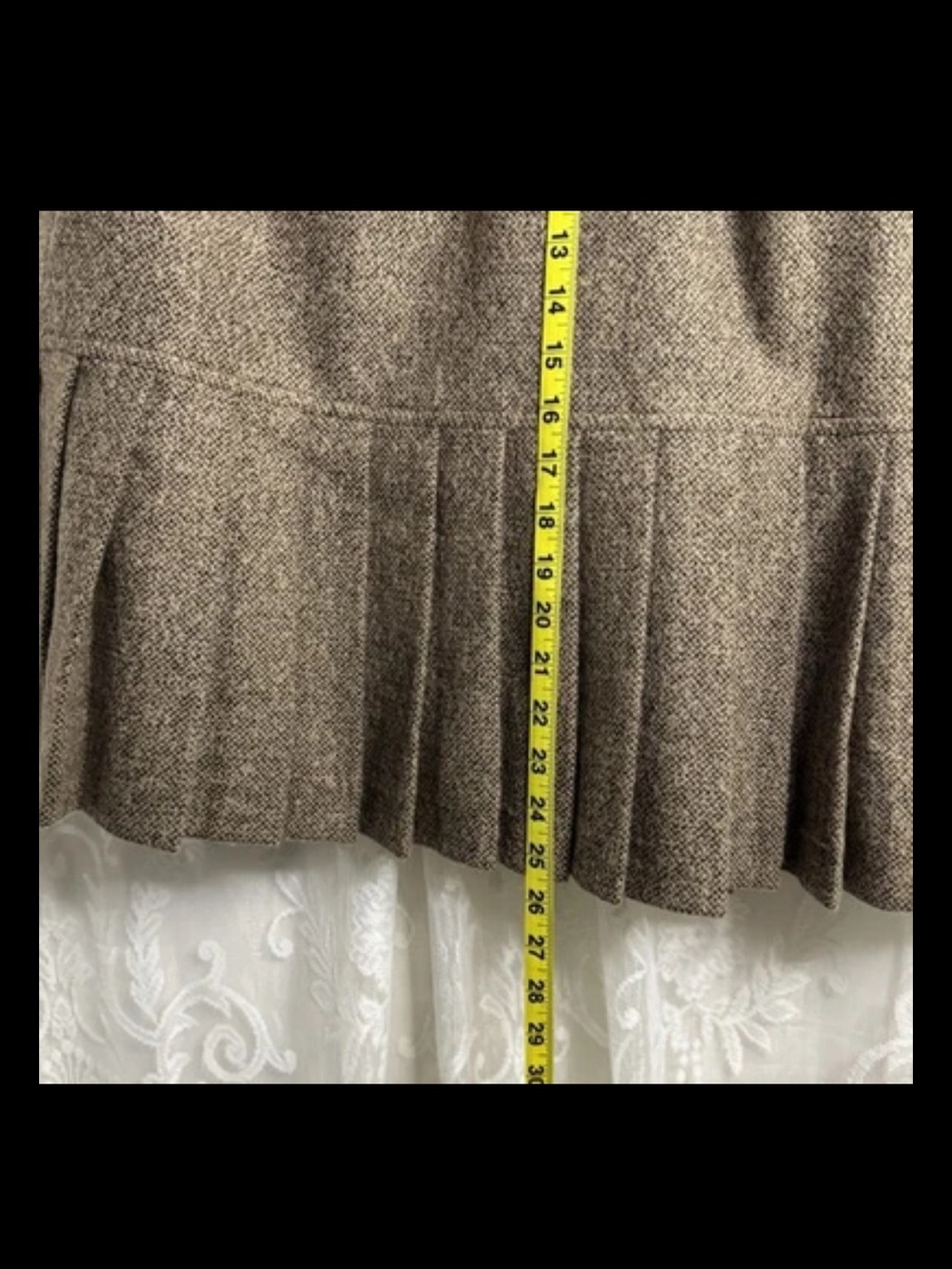Vintage 90s Oscar de la Renta Tweed Skirt Brown Pleated Kick Flounce USA Size 14 - Picture 7 of 10